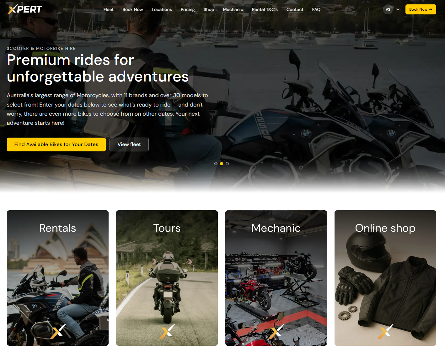 XPERT Moto homepage — premium scooter and motorbike hire platform