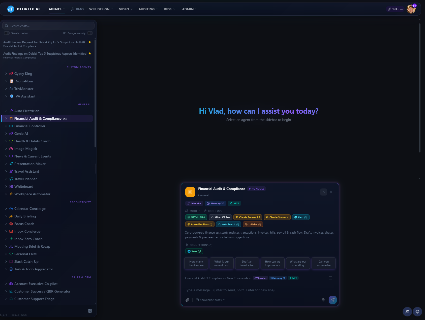 dFortix.ai agents — chat interface with curated agents and a large LLM library